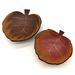 Set Of 2 Wooden Leaf Shaped 9" & 7" Bowls Fall Decor